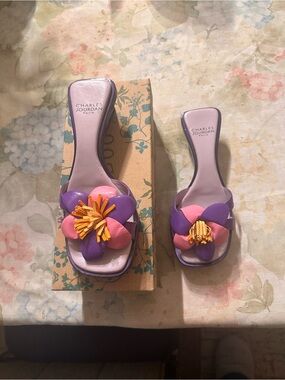 Charles Jourdan Lavender Slides with Pink & Purple Flower Detail